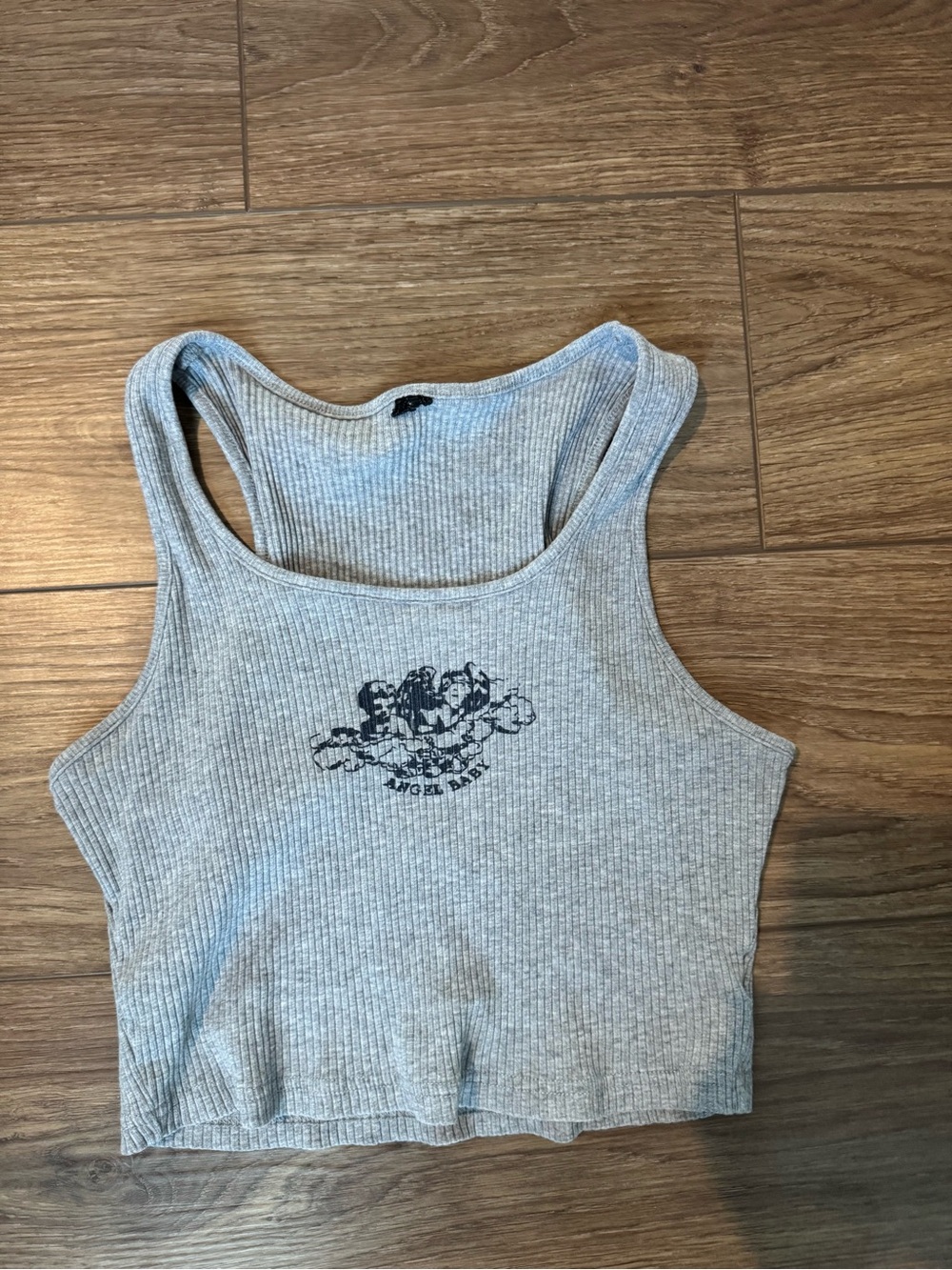 Ribbed Gray Tank Crop Top with Angel Graphic